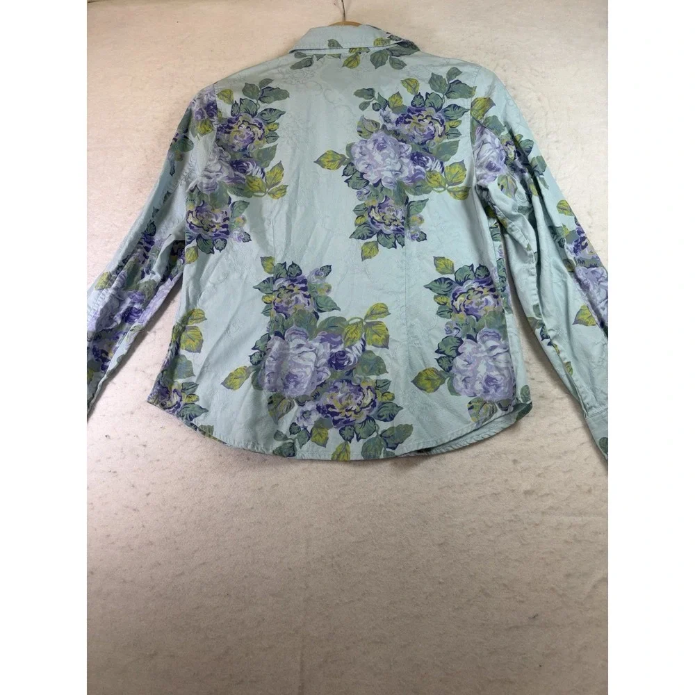 J Jill Blue Floral Textured Button Down Blouse Womens S Cotton L/SL